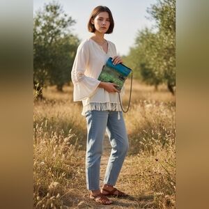 Southwestern Horses Crossbody Clutch Cowgirl Boho Green Leather Accents